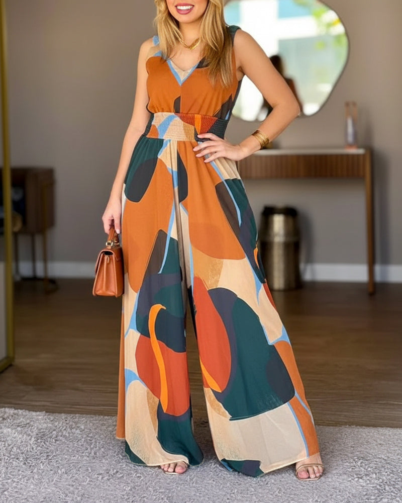 Abstract Print V-Neck Stretchy Thick Straps High Waist Backless Overalls Casual Shirred Waist Cinched Waist Wide Leg Jumpsuit