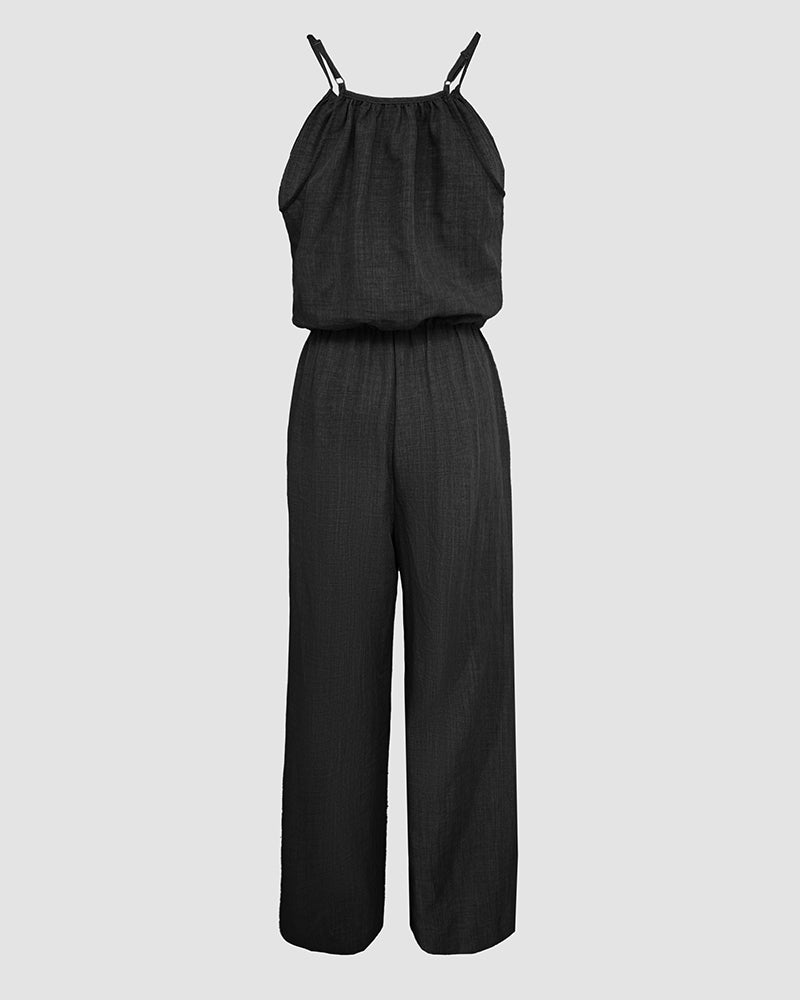 Womens Spaghetti Strap Drawstring Tied Waist Jumpsuit Casual Overalls