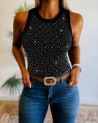 Women's Rhinestone Argyle Pattern Ribbed Tank Top Slim Fit Top