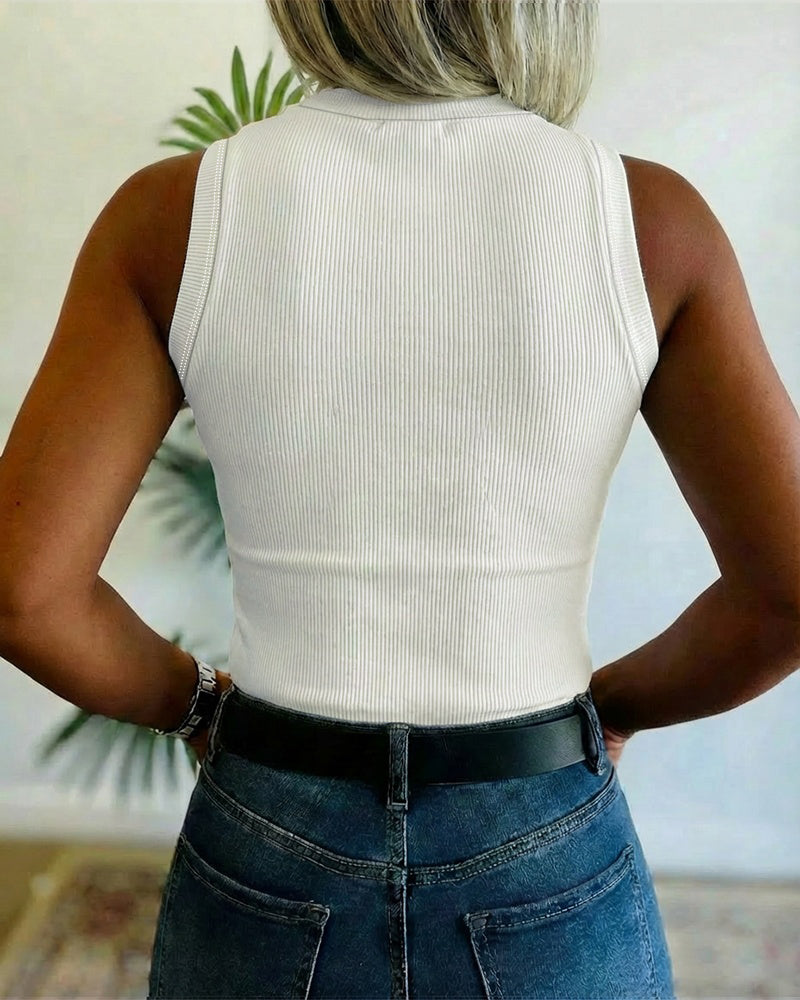 Rhinestone Decor O-neck Sleeveless Knit Tee Slim Fit Tank Top