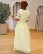 Women's Sheer Plaid Maxi Dress Short Sleeve Double Layer Swing Vacation Dress Elegant Flowy A Line Dress with Belt
