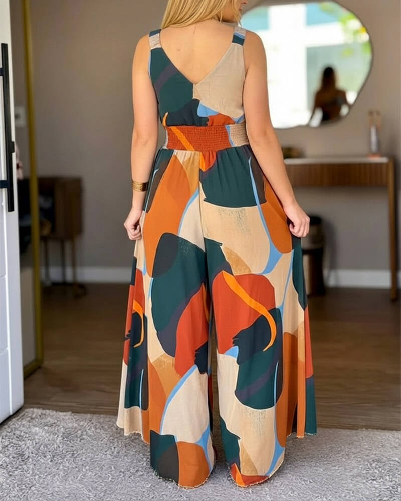 Abstract Print V-Neck Stretchy Thick Straps High Waist Backless Overalls Casual Shirred Waist Cinched Waist Wide Leg Jumpsuit