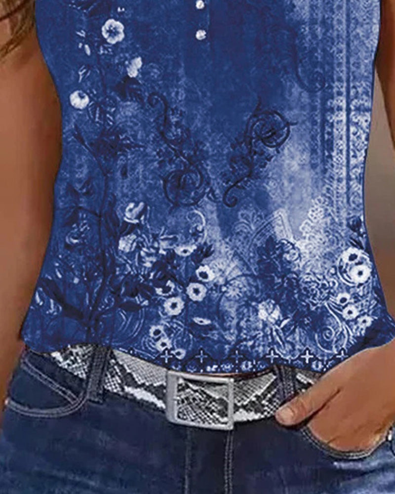 Women's Casual Floral Print Tank Top Sleeveless Notch Neck Vest with Rhinestone Accents