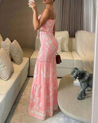 Women's Tropical Plants Bandeau Dress Sexy Drawstring Cutout Shirred Waist Mermaid Dress Ruffle Hem Vacation Maxi Dress