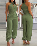 2 Pieces Outfits Sleeveless High Neck Cargo Pockets Design Top And Casual Cuffed Long Pants Set