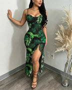 Women's Tropical Plants Cami Midi Dress Casual Rhinestone Mesh Vacation Dress Slit Ruffle Hem Sundress
