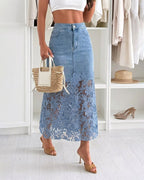 Women's Guipure Lace Spliced Denim Skirt High Waisted Jean Skirt French-Style Casual Skirt