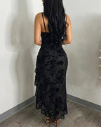 Women's Vintage Flocking Floral Maxi Dress Sexy Cowl Neck Cami Dress High Slit Backless Bodycon Evening Gown