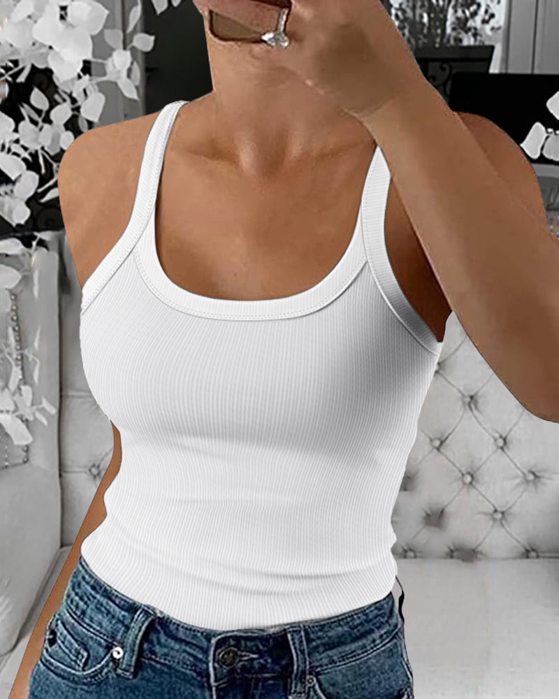 Scoop Neck Spaghetti Strap Ribbed Top Casual Sleeveless Slim Fit Tank