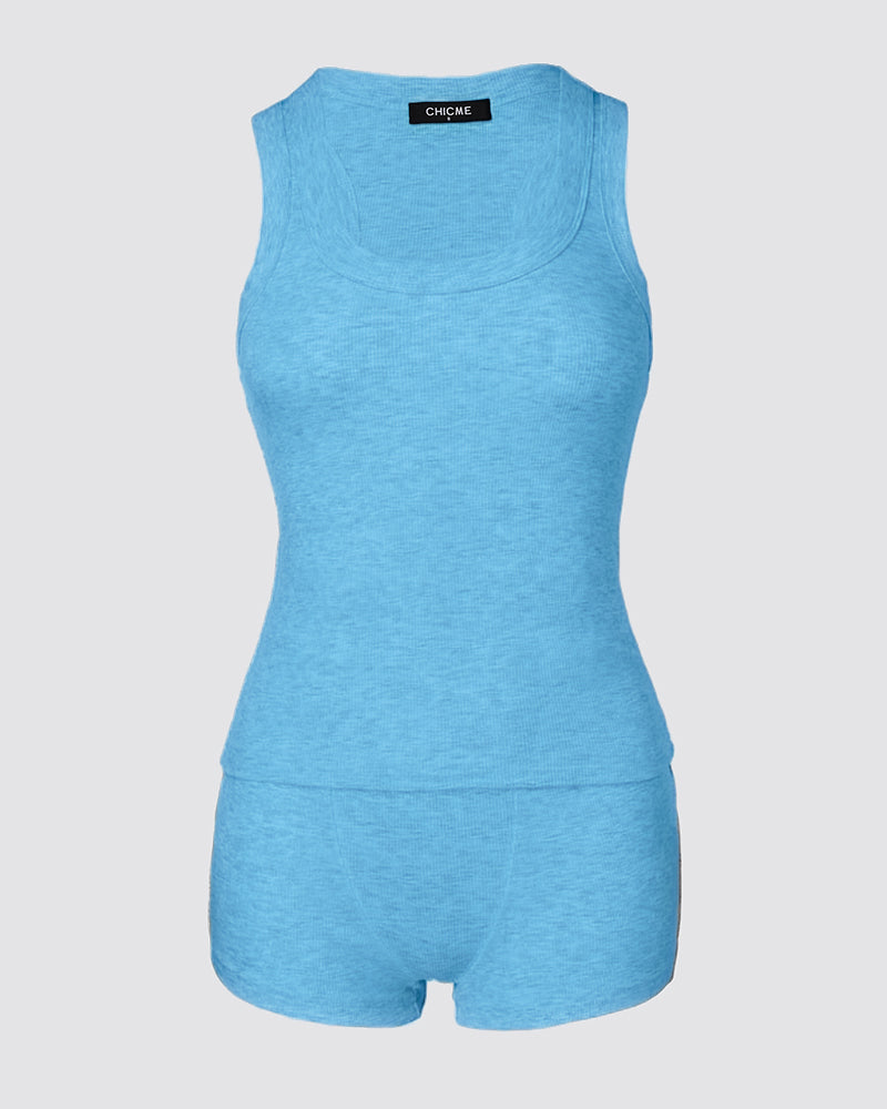 2PCS Micro-Ribbed U-Neck Tank Top & Boxer Set Cozy Loungewear