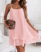 Women's Pearls Embellished Straps Mini Dress Backless Pleated Dress Casual Double Layer Lettuce Trim Cami Sun Dress