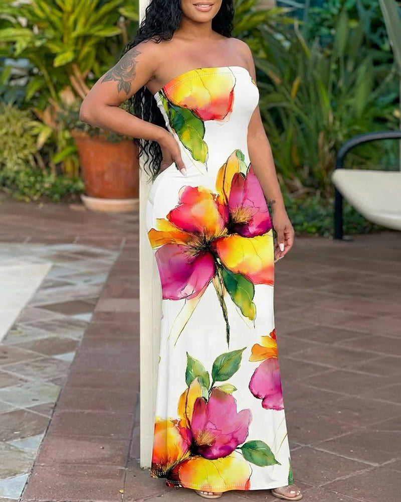 Watercolor Floral Print Slim Fit Stretchy Maxi Dress Chic Tube Dress