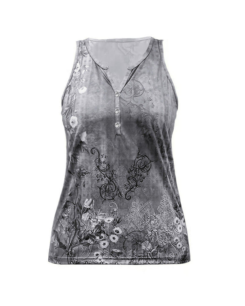 Women's Casual Floral Print Tank Top Sleeveless Notch Neck Vest with Rhinestone Accents