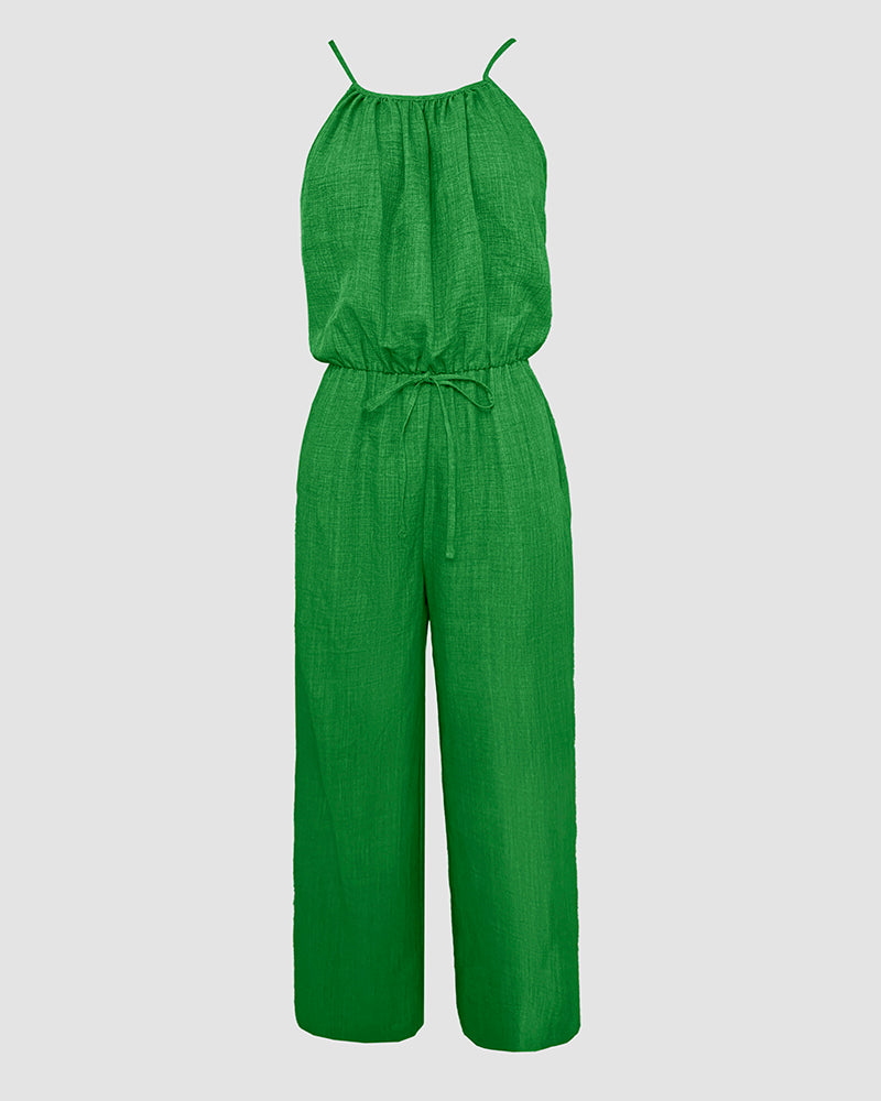 Womens Spaghetti Strap Drawstring Tied Waist Jumpsuit Casual Overalls