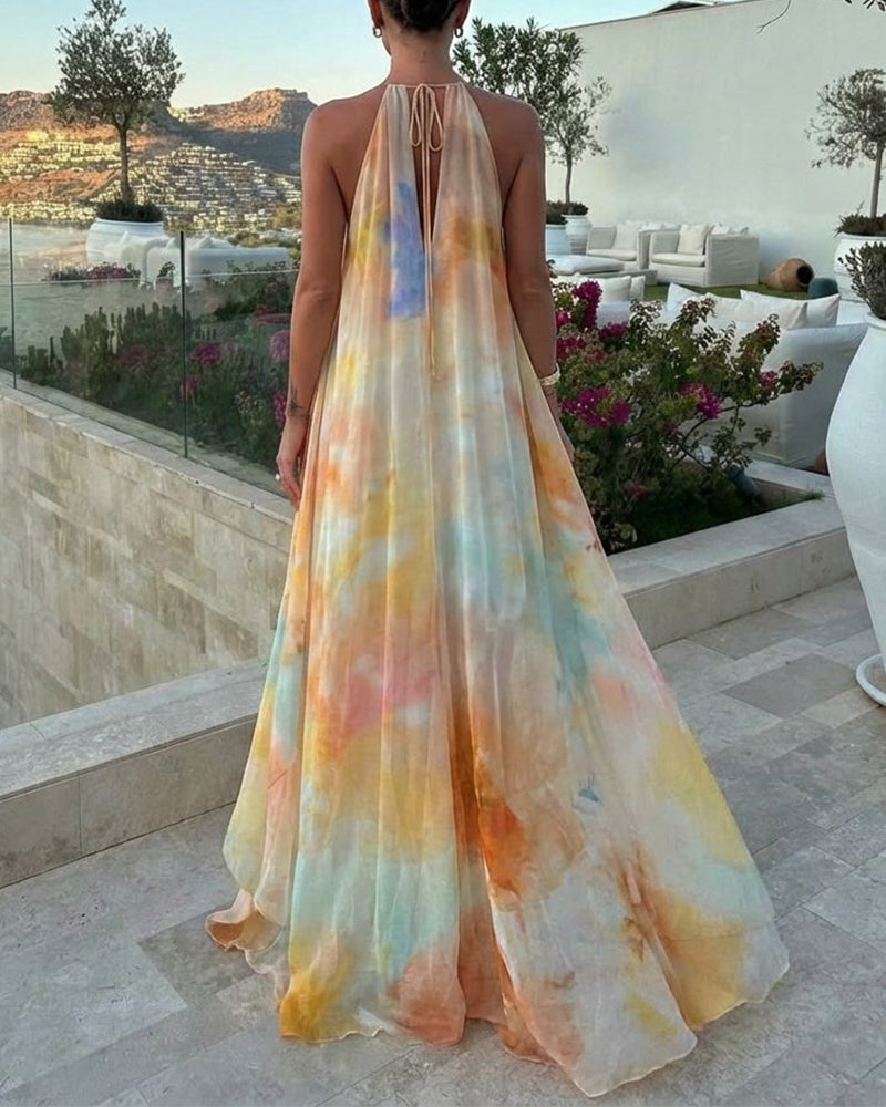 Women's Tie Dye Print Chiffon Maxi Dress Halter Neck Backless Tied Flowy A-Line Long Dress for Vacation