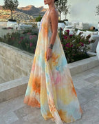Women's Tie Dye Print Chiffon Maxi Dress Halter Neck Backless Tied Flowy A-Line Long Dress for Vacation