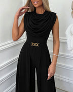 Women's Cowl Neck Wide Leg Jumpsuit High Waist Sleeveless Chiffon Overlay Spliced Evening Overalls with Belt