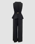 Women's 2 Piece Outfits Sleeveless Peplum Top and Wide Leg Pants Set Elegant Gold Belt Business Work Suits