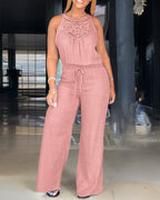 Women's Halter Jumpsuit Lace Trim Backless Overalls Tied Detail Wide Leg Jumpsuit with Pockets