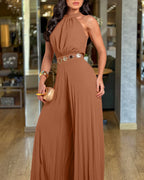 Women's Halter Tie Wide Leg Jumpsuit Pleated High Waist One-Piece Romper Elegant Sleeveless Evening Party Jumpsuit without Waist Chain