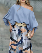 2 Pieces Outfit Skew Neck Batwing Sleeve Stretchy Hem Top and Casual Abstract Print Zipper Fly Elastic Back Waist Wide Leg Pants Set without Belt