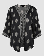 Floral Print V Neck Long Sleeve Blouse Casual Loose Fit Top