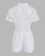 Women's Eyelet Embroidery Two Piece Outfits Stand Collar Button Up Crop Top and High Waist Shorts Set