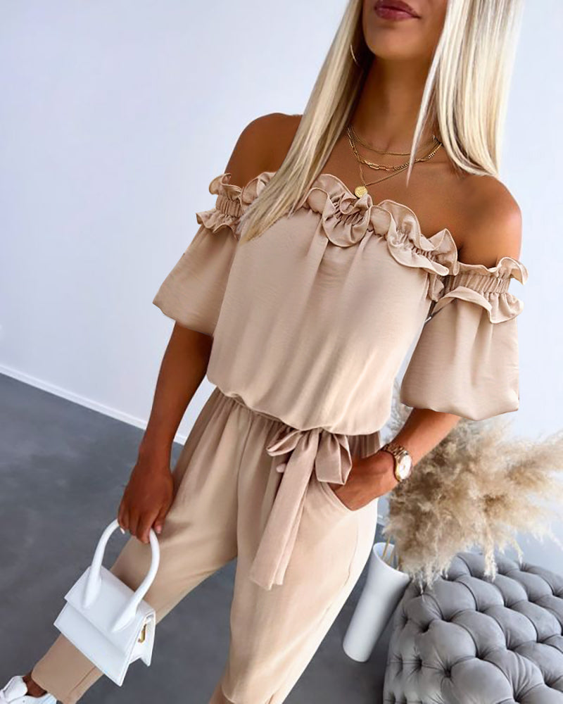 Frill Trim Off Shoulder Short Sleeve Tie Waist Overalls Casual Textured Jumpsuit