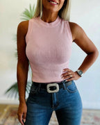 Rhinestone Decor O-neck Sleeveless Knit Tee Slim Fit Tank Top