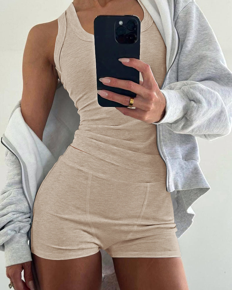 2PCS Micro-Ribbed U-Neck Tank Top & Boxer Set Cozy Loungewear