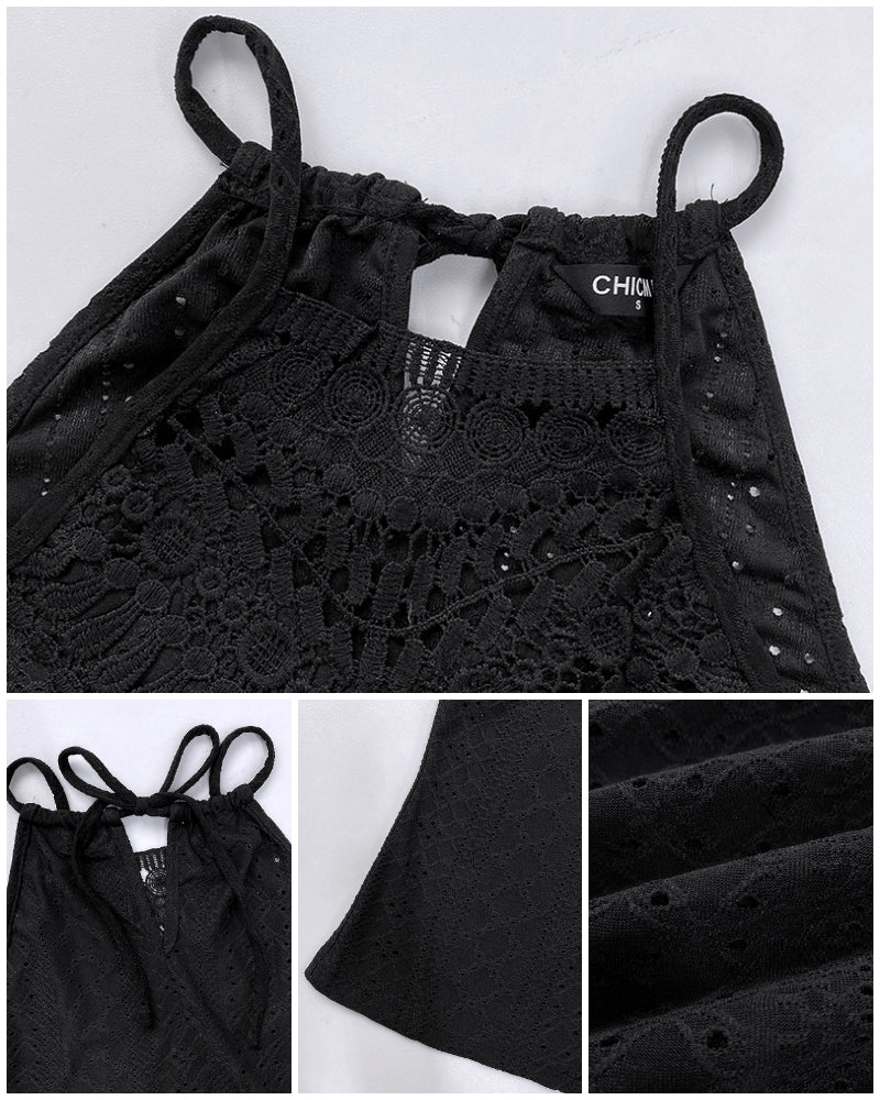 Halter Lace Up Water Soluble Lace Trim Sleeveless Tank Jacquard Casual Slim Fit Knit Top