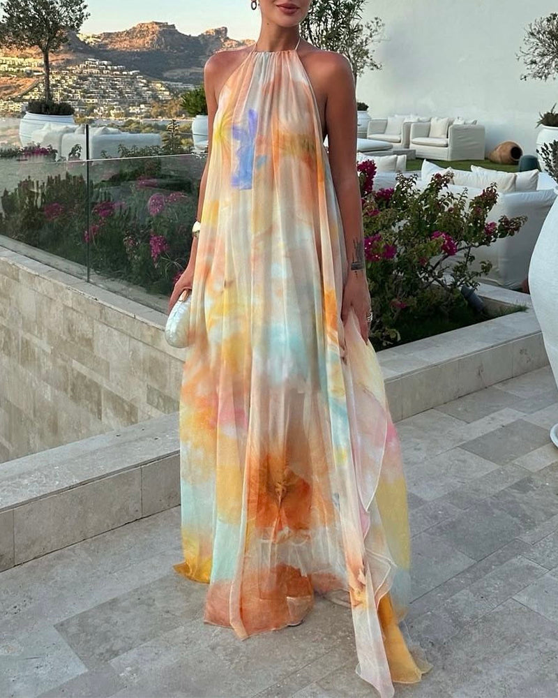Women's Tie Dye Print Chiffon Maxi Dress Halter Neck Backless Tied Flowy A-Line Long Dress for Vacation
