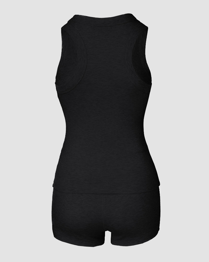 2PCS Micro-Ribbed U-Neck Tank Top & Boxer Set Cozy Loungewear