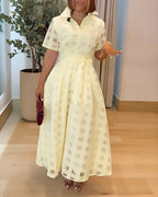 Women's Sheer Plaid Maxi Dress Short Sleeve Double Layer Swing Vacation Dress Elegant Flowy A Line Dress with Belt