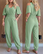 Women's Cold Shoulder Jumpsuit Casual High Waist Shirred Cuffed Overalls with Pockets