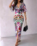 Women's Sexy Deep V Neck Abstract Print Maxi Dress Drawstring Ruched Front Slit Half Sleeve Bodycon Dress