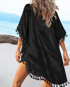 Women's Front & Back Reversible Beach Cover Up Crochet Lace Hollow Out Spliced Tassel Vacation Caftan Dress