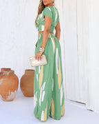 2 Pieces Outfit V Neck Petal Sleeve Tie Front Shirred Back Hem Crop Top and High Waist Elastic Back Waist Wide Leg Pants Set Casual Colorblock Abstract Print Set