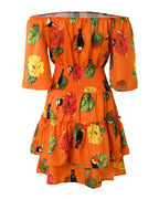 Women's Stretchy Off Shoulder Vacation Dress Tropical Fruit Floral Shirred Waist Ruffle Hem A Line Dress