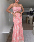 Women's Tropical Plants Bandeau Dress Sexy Drawstring Cutout Shirred Waist Mermaid Dress Ruffle Hem Vacation Maxi Dress