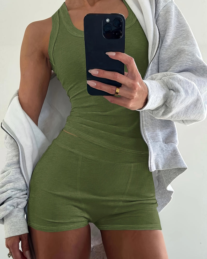 2PCS Micro-Ribbed U-Neck Tank Top & Boxer Set Cozy Loungewear