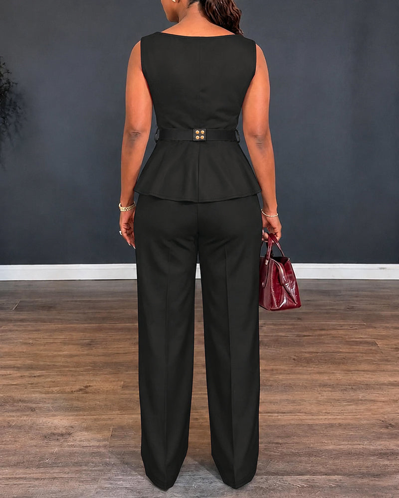 Women's 2 Piece Outfits Sleeveless Peplum Top and Wide Leg Pants Set Elegant Gold Belt Business Work Suits
