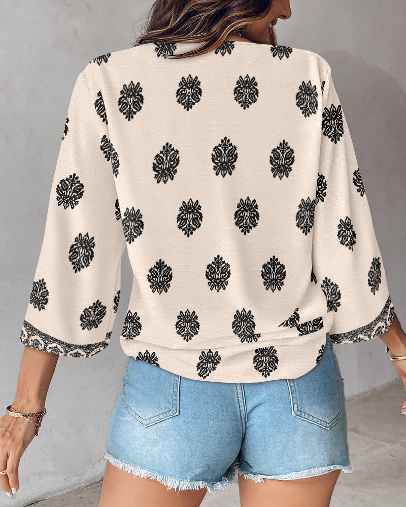 Floral Print V Neck Long Sleeve Blouse Casual Loose Fit Top
