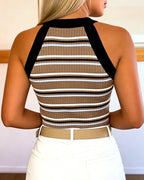 Women's French Retro Striped Halter Top Sleeveless Rib-Knit Tank with Gold Button Accents