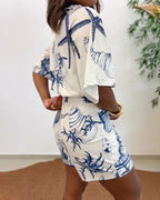 Starfish & Seashell Print Overlap V Neck Half Sleeve Wrap Knot Side Romper Casual Stretchy Back Waist Vacation Romper