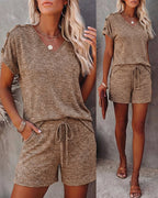 Women's V Neck Short Sleeve Top and Drawstring Shorts Set Casual Loose Fit Loungewear Two Piece Outfit with Pockets