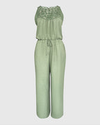 Women's Halter Jumpsuit Lace Trim Backless Overalls Tied Detail Wide Leg Jumpsuit with Pockets