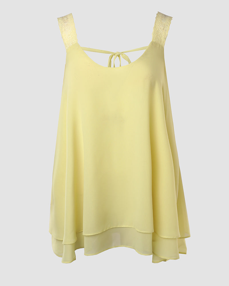 U-Neck Thick Strap Tank Contrast Lace Tied Detail Top