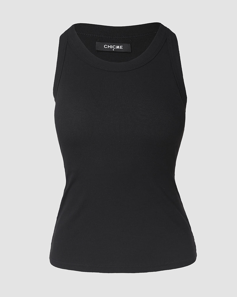 Built-in Bra Ribbed Round Neck Tank Top