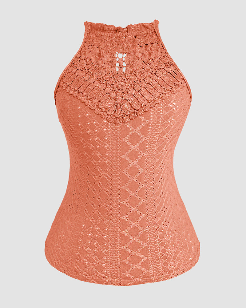 Halter Lace Up Water Soluble Lace Trim Sleeveless Tank Jacquard Casual Slim Fit Knit Top